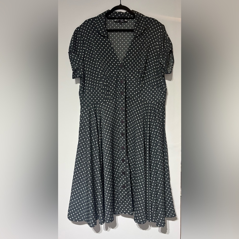 Hell Bunny Vixen Polka Dot Midi Dress Shirt Sleeve Dark Grey Black Size 18 (4x)